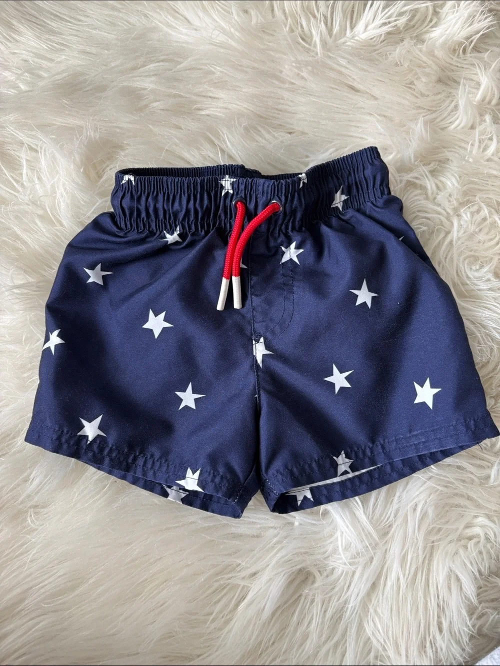 Cat & Jack Navy Swim Trunks with White Stars and Red Drawstring